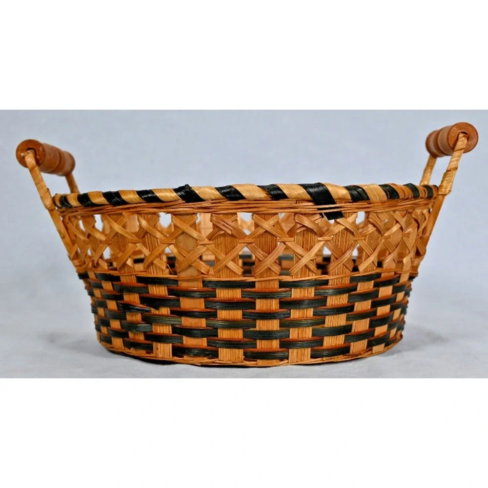 Vintage Wicker Rattan Seagrass Basket Wood Handles Black Accent Decor
